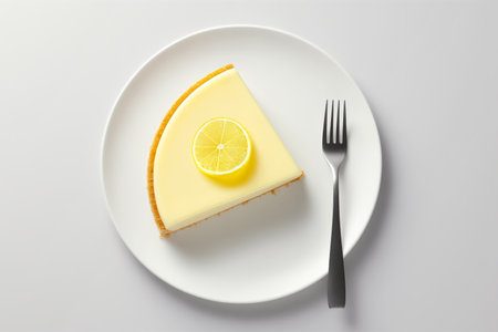 Lemon cheesecake with piece of fresh lemon on top on a plate over minimalist white background with a fork. Generative AIの素材