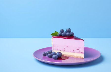 Blueberry cheesecake with fresh berries on top on a plate over minimalist blue background with copy space. Generative AIの素材