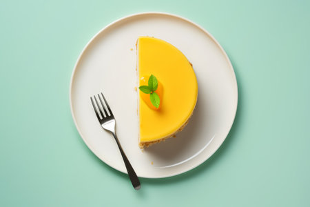 Half of a yellow lemon cheesecake on a white plate with a fork, view from above on a mint green background. Generative AIの素材