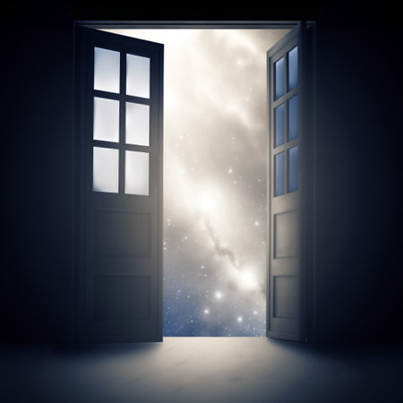 Open doors into a stunning cosmic view with stars and nebulae, symbolizing discovery and the unknown. Generative AIの素材