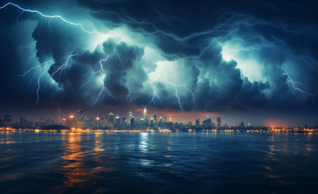 Dramatic thunderstorm over a city skyline at night, with multiple lightning and dark, turbulent clouds above the calm waters. Generative AIの素材