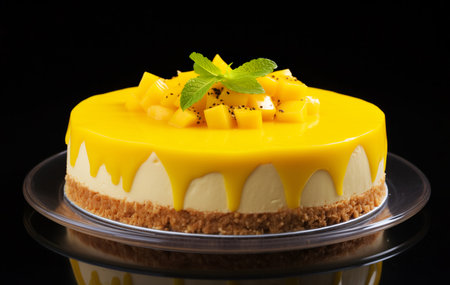 Whole mango cheesecake topped with yellow glaze and pieces of mango with a mint leaf on a plate against black background. Generative AIの素材