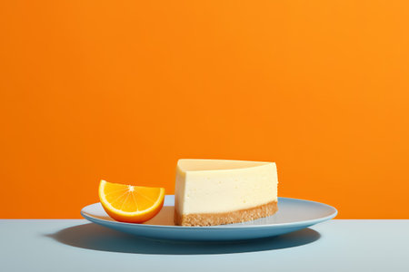 Pieces of a cheesecake and fresh orange fruit on a plate, side view over minimalist orange background with copy space. Generative AIの素材