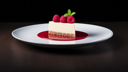 Piece of a cheesecake topped wit fresh raspberries on a white plate, side view over minimalist dark background with copy space. Generative AIの素材