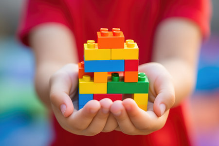 Child in red showing a vividly colored tower of interlocking blocks, representing imaginative play and cognitive development. Generative AIの素材
