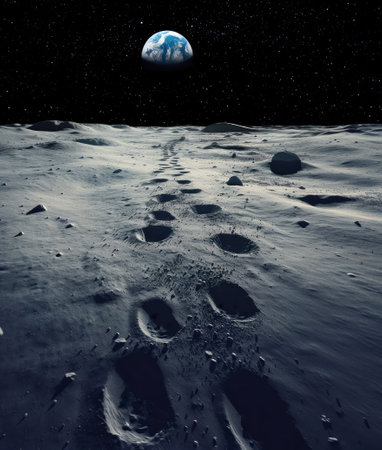 Human footprints on lunar surface with Earth glowing brightly above on black starry sky, generative AIの素材