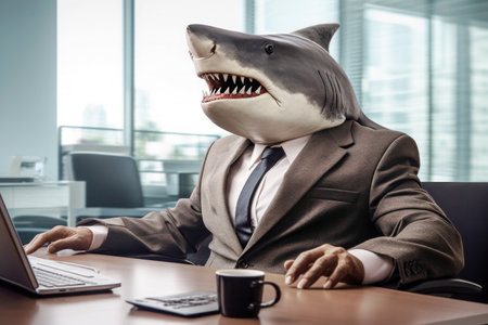 Shark businessman wearing suit sits at its desk in modern office, generative AIの素材