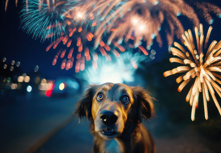 A scared brown dog looks up vivid fireworks in the night sky, portraying the common anxiety pets feel during loud celebrations. Generative AIの素材