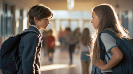 Middle-school boy and girl standing face to face in a school corridor, exchanging challenging glances, indicative of a dispute or conflict, generative AIの素材