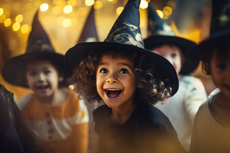 Enthusiastic 5 year old girl in Halloween costume, grinning ear to ear, with her friends slightly blurred in the backdrop at a festive children's party, generative AIの素材