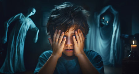 Little boy in a dimly lit room covering his face in terror, surrounded by ghosts and skeletons draped in shrouds, generative AIの素材