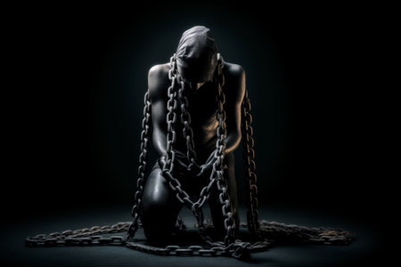 A figure overwhelmed by heavy chains in a dark setting, a metaphor for struggle and restraint. Generative AIの素材