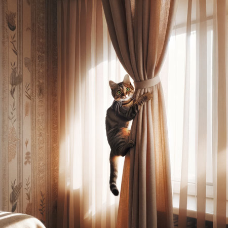 Cat clings to a draped curtain in soft light. Generative AIの素材