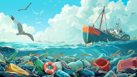 Ocean pollution illustration with a fishing boat amidst floating debris. Generative AIの素材