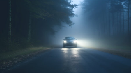 Car with headlights on a foggy forest road, creating a mysterious atmosphere. Generative AIの素材