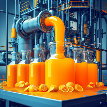 Orange juice bottling process on the futuristic production line, conceptual illustration. Generative AIの素材