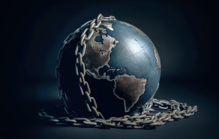 Earth bound by heavy chains, against a dark background, concept of environmental constraints and global restriction. Generative AIの素材