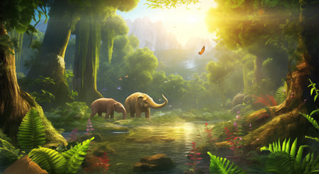 Dwarf elephants in a sunlit prehistoric jungle. Generative AIの素材