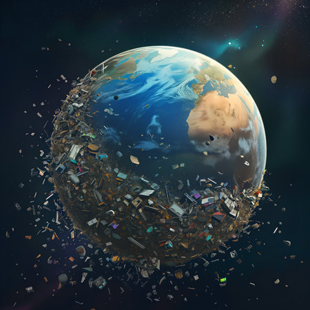 Earth covered with trash and surrounded by debris, highlighting the issue of space waste. Generative AIの素材