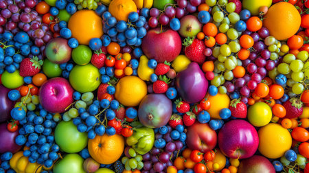 Vibrant collection of fresh fruits displayed in a rainbow gradient. Generative AIの素材