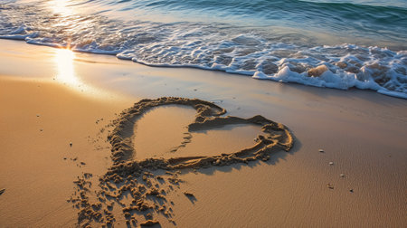 Golden sunset illuminates a heart shape in the sand with gentle waves approaching. Generative AIの素材