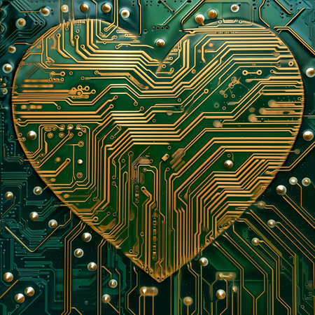 Circuit board in heart shape with gold and silver circuits on a green base. Generative AIの素材
