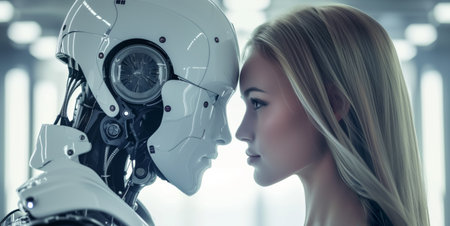A side profile of a blonde woman and a white robot face-to-face, AI-human interaction themes. Generative AIの素材