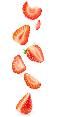 Falling pieces of vibrant strawberry fruits isolated on white background. Generative AIの素材