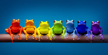 Rainbow frogs in a row from red to violet against a blue gradient background. Generative AIの素材