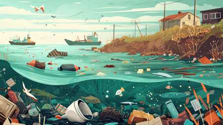 Marine pollution with floating waste along a coastal village. Generative AIの素材
