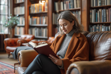 Middle age woman enjoys reading in a cozy library. Generative AIの素材