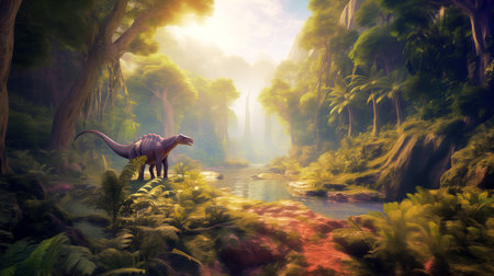Dinosaur roaming a misty prehistoric jungle. Generative AIの素材