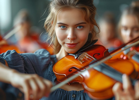 Young woman playing violin with an orchestra. Generative AIの素材