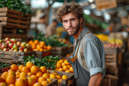 Young male vendor selling fresh oranges at market. Generative AIの素材