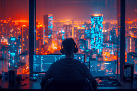 Programmer working late in a high-rise office with city lights backdrop. Generative AIの素材