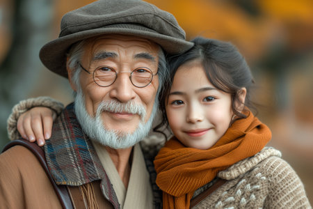 Asian grandfather and granddaughter enjoying autumn together. Generative AIの素材