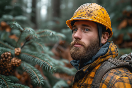 Forester or lumberjack in yellow helmet amidst pine trees with cones. Generative AIの素材