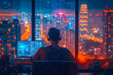 Young man in headphones working on computer during nighttime with cityscape in background. Generative AIの素材