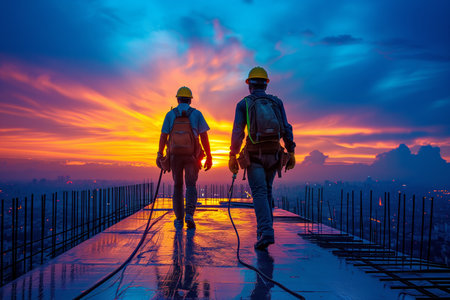 Construction workers walking on top of a building at sunset. Generative AIの素材