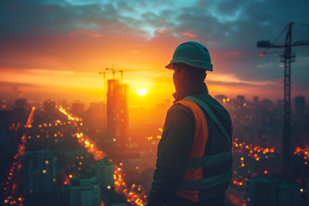 Construction worker overlooking city skyline panorama at sunset. Generative AIの素材