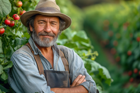 Mature farmer with a smile, standing in tomato field. Generative AIの素材