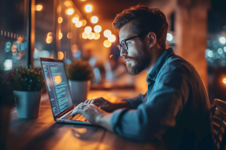 Focused man coding on laptop at a cozy evening cafe. Generative AIの素材