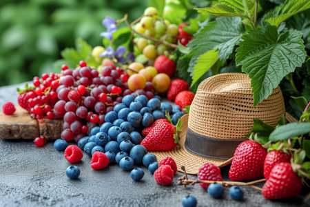 Assorted fresh summer berries with straw hat on a table. Generative AI.の素材