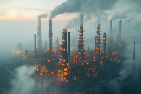 Industrial complex emitting smoke, environmental impact theme. Generative AIの素材