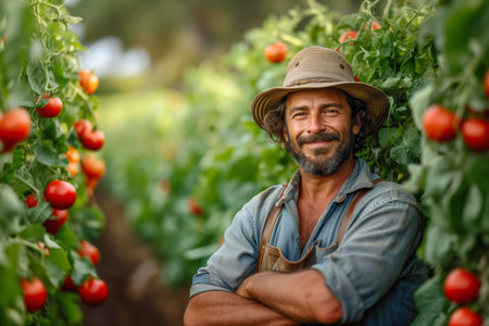 Smiling farmer in tomato greenhouse. Generative AIの素材