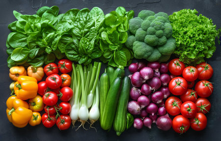Colorful fresh vegetables display on dark surface, top view. Generative AIの素材