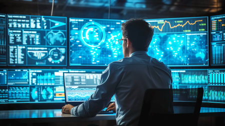 Network engineer monitoring data on multiple computer screens. Generative AIの素材