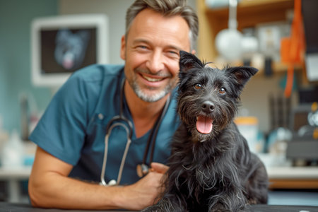 Smiling veterinarian with a black terrier in clinic. Generative AIの素材