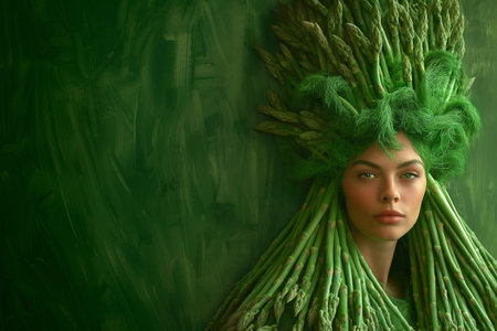 Young woman with asparagus hairpiece over minimal green background with copy spaceの素材