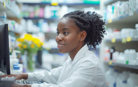 Black female pharmacist using computer in pharmacy.の素材